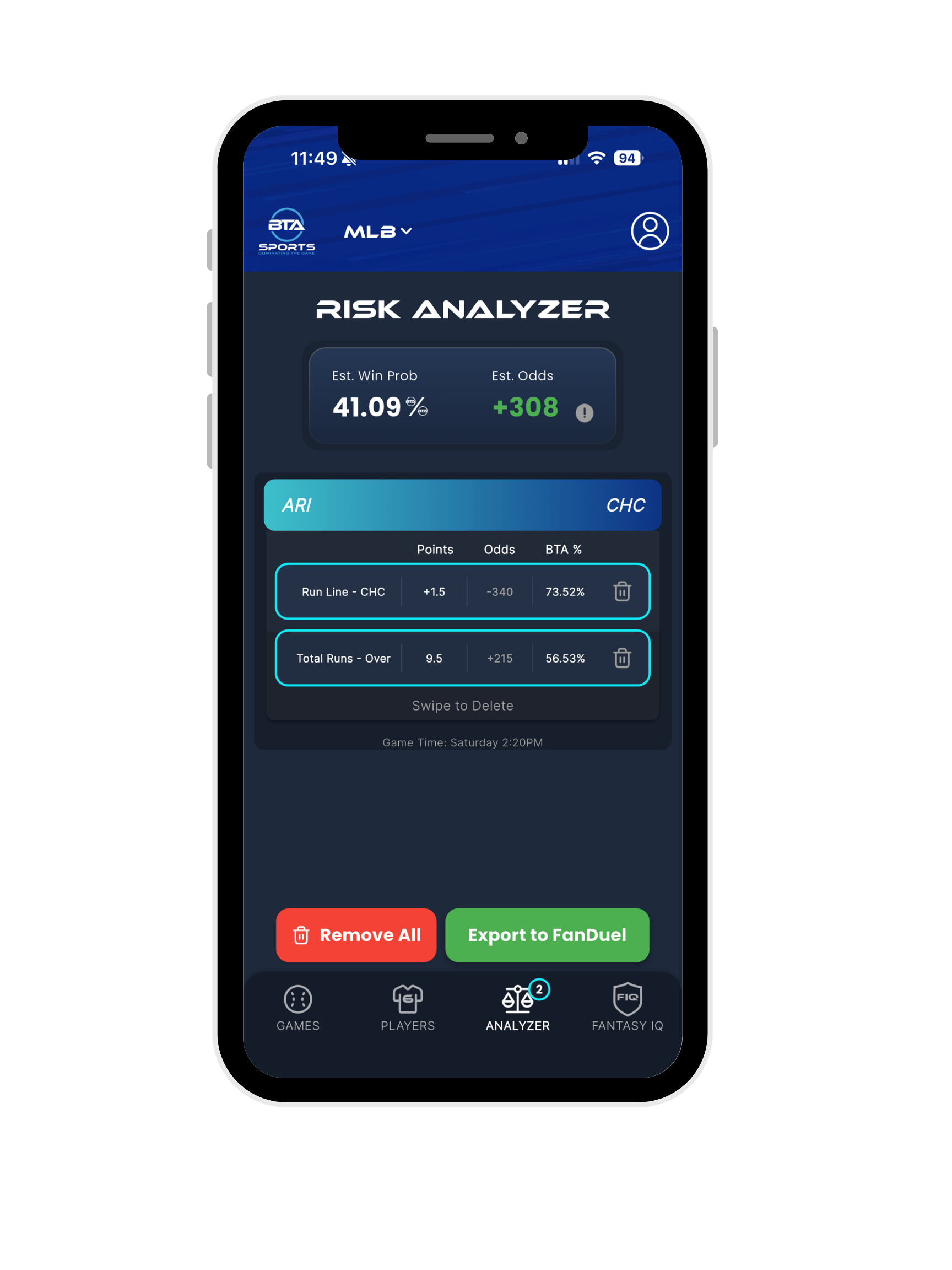 Risk Analyzer screen: estimated win probability 41.09% and odds +308 for a bet card combining a run line and a total runs selection, with an Export to FanDuel button.